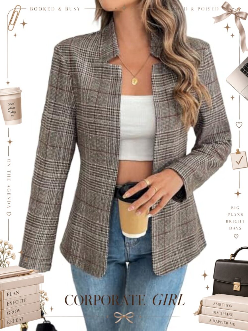 Plaid Tweed Blazer Open Front Stand Collar Houndstooth Business Casual